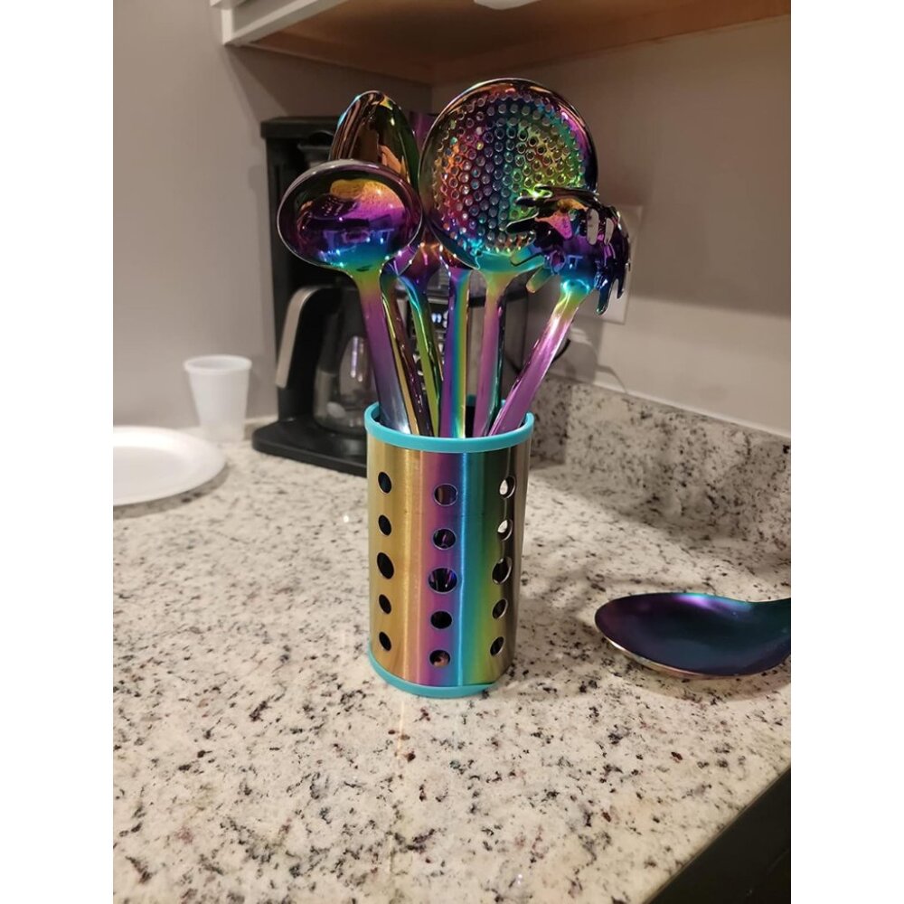 7 PCS Kitchen Turner Serving Spoon Ladle Skimmer Spoons Fork Pasta and Holder